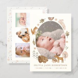 Boho Woodland Animals 4 Photo Birth Announcement