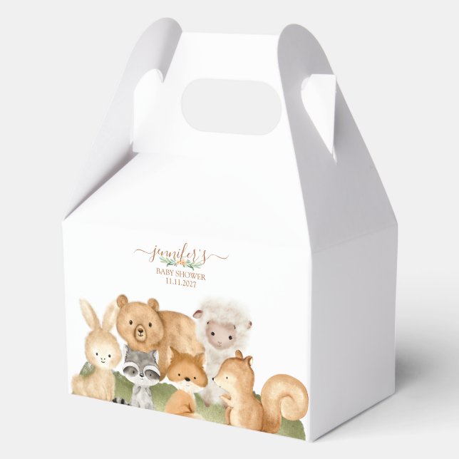 Boho Woodland animals Baby Shower Floral Script Favor Boxes (Front)