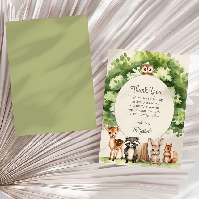 Boho Woodland Animals Baby Shower Thank You Card (Boho Woodland Animals Baby Shower Thank You Card on a sunny neutral dry palm leaf.)