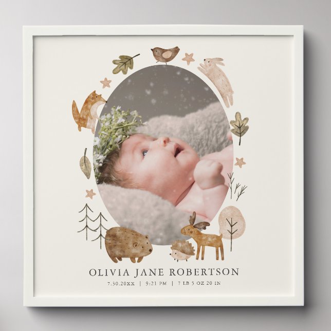 Boho Woodland Animals Birth Announcement Peel And Stick Photo Tile (Front Set)