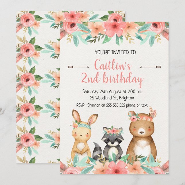 Boho Woodland Animals Birthday Invitation (Front/Back)