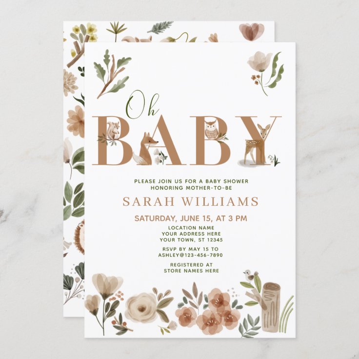 Boho Woodland Animals Brown Oh Baby Shower Invitation | Zazzle