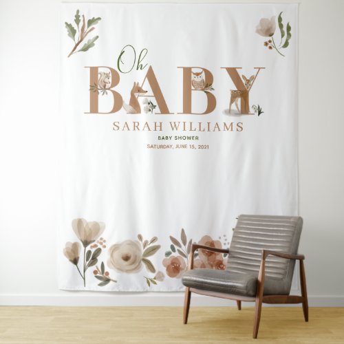 Boho Woodland Animals Brown Oh Baby Shower Photo Tapestry