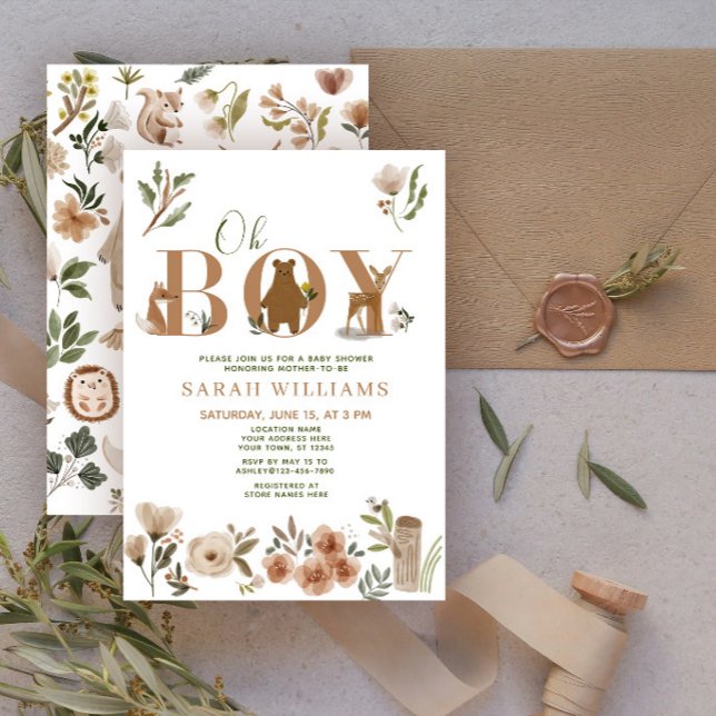Boho Woodland Animals Brown Oh Boy Baby Shower Invitation (Creator Uploaded)