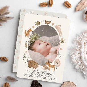 Boho Woodland Animals Gender-Neutral 1st Birthday Invitation