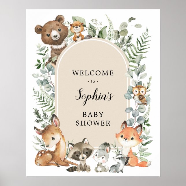Boho Woodland Animals Greenery Baby Shower Welcome Poster (Front)