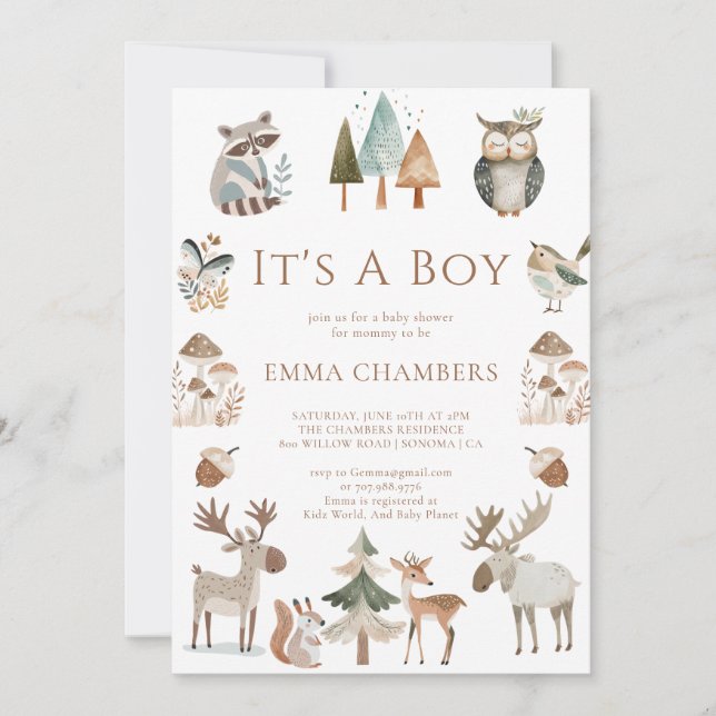 Boho Woodland Animals It's A Boy Baby Shower Invitation (Front)