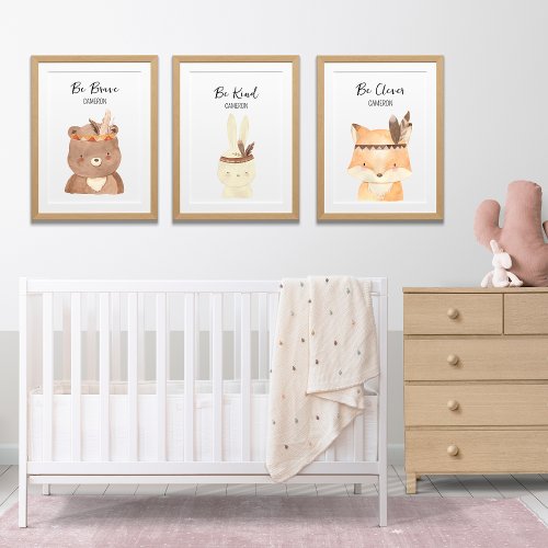 Boho Woodland Animals Personalized Baby Nursery  Wall Art Sets