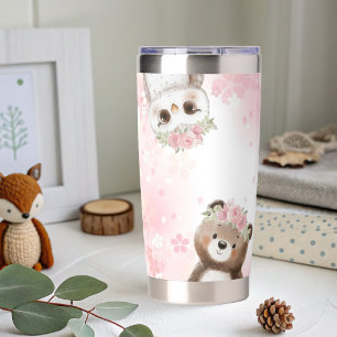 Boho Woodland Animals Pink floral Girl Baby Shower Insulated Tumbler