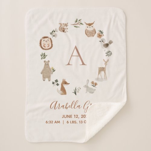 Boho Woodland Animals Script Baby Birth Stats Sherpa Blanket