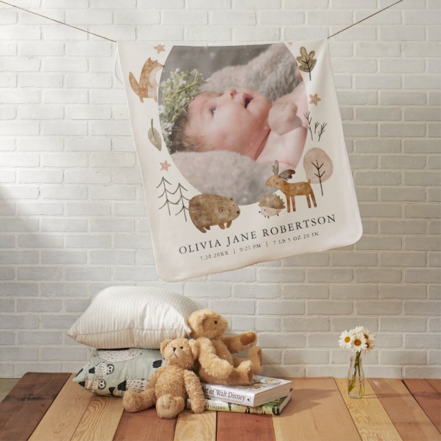 Boho Woodland Animals Stats Photo Baby Blanket (In Situ)