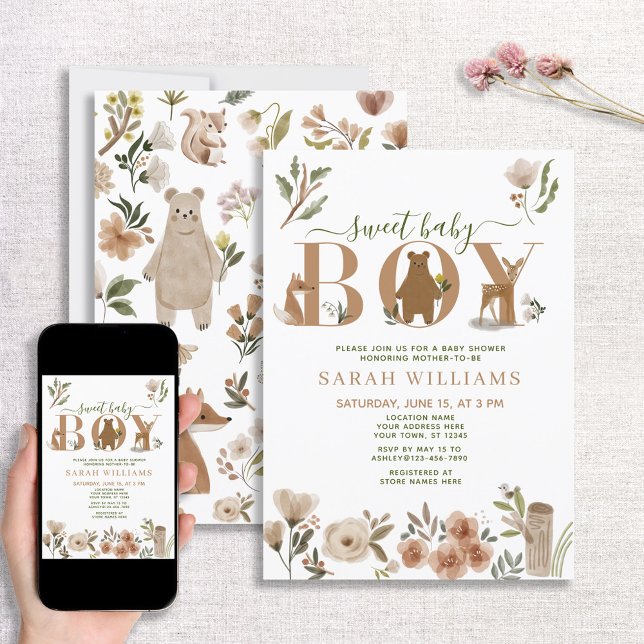 Boho Woodland Animals Sweet Baby Boy Baby Shower Invitation (Creator Uploaded)