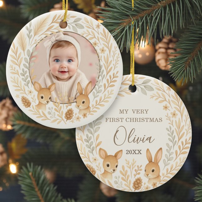 Boho Woodland Baby First Christmas Keepsake Ceramic Ornament (Creator Uploaded)