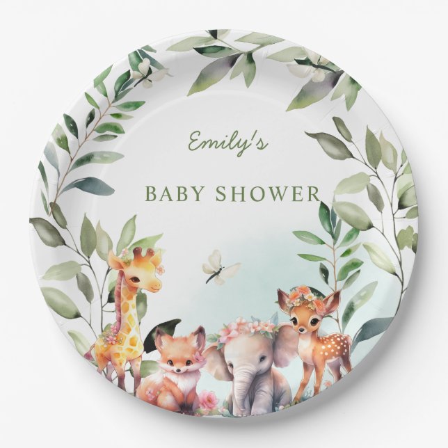 Boho Woodland Baby Shower Greenery Forest Animals  Paper Plates (Front)