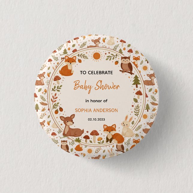 Boho Woodland Baby Shower | Rustic Forest Animals Button (Front)
