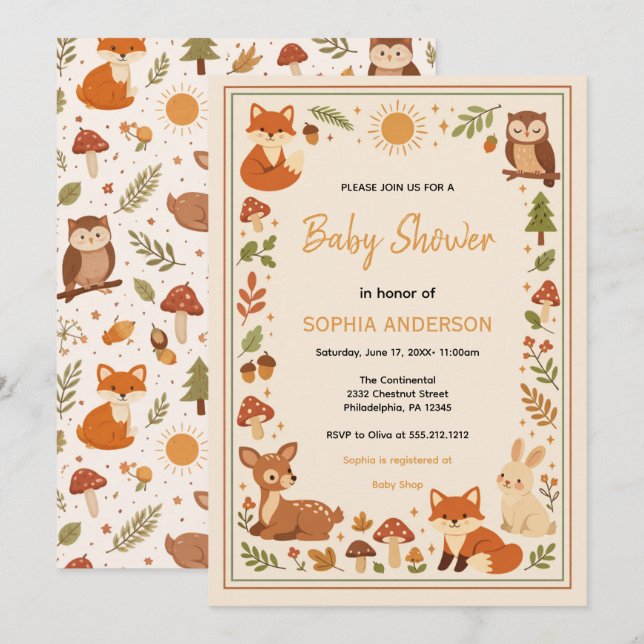 Boho Woodland Baby Shower | Rustic Forest Animals Invitation (Front/Back)