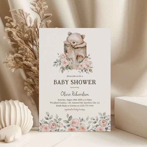 Boho Woodland Bear  Floral Baby Shower Invitation