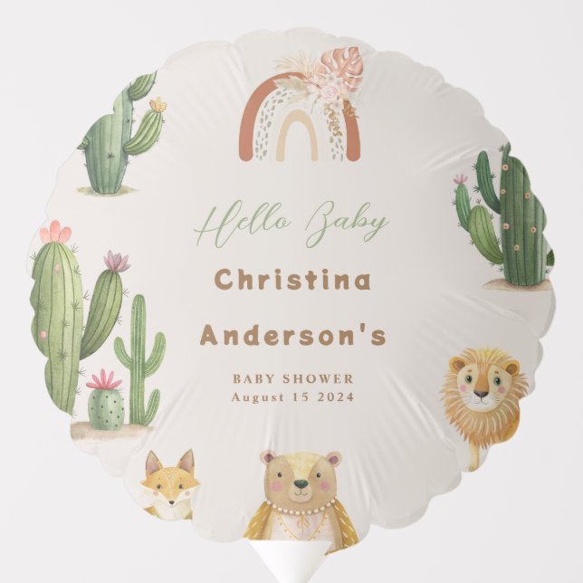 Boho Woodland Bear Lion Fox Cactus Baby Shower Balloon (Front)