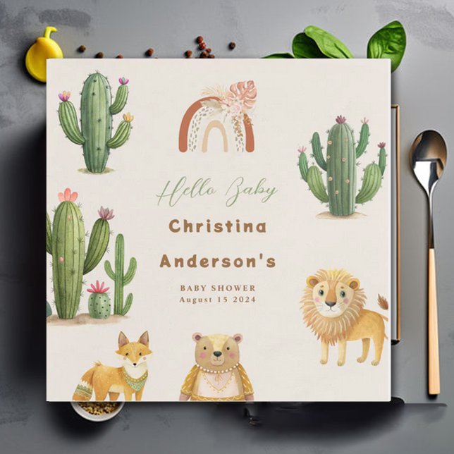 Boho Woodland Bear Lion Fox Cactus Baby Shower Napkins (Creator Uploaded)