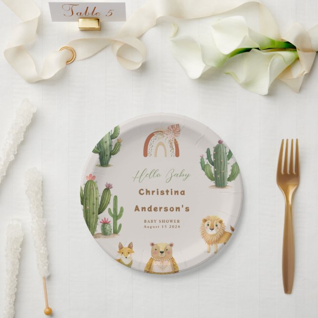 Boho Woodland Bear Lion Fox Cactus Baby Shower Paper Plates (Wedding)