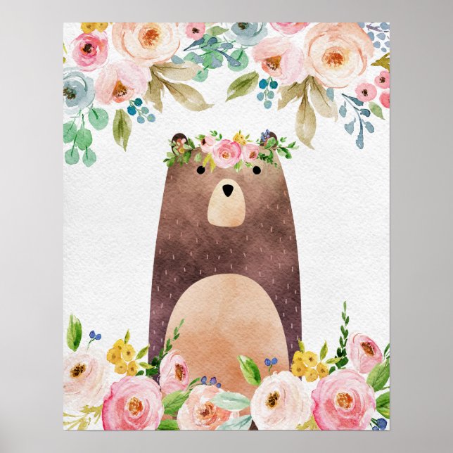Boho Woodland Bear Nursery Poster Art Wall Print (Front)