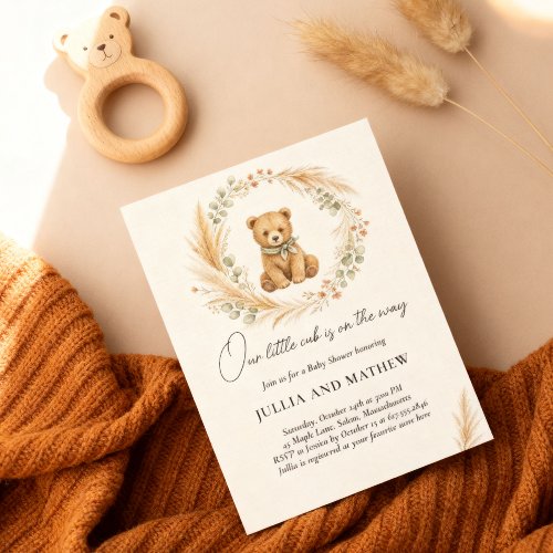 Boho Woodland Bear Sage Terracotta Baby Shower  Invitation