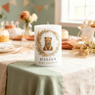 Boho Woodland Bear Sage Terracotta Baby Shower Pillar Candle