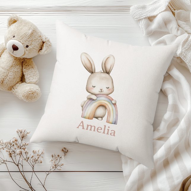 Boho Woodland Bunny Rainbow Nursery Throw Pillow (Creator Uploaded)