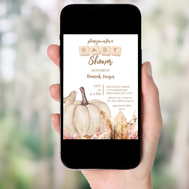 Boho Woodland Fall Pumpkin Girl Baby Shower Invitation (Front Digital)
