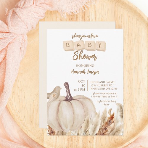 Boho Woodland Fall White Pumpkin Baby Shower Invitation