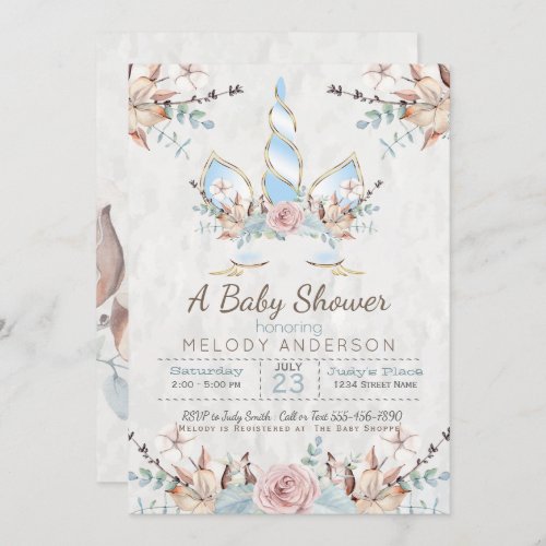 BOHO Woodland Floral  Unicorn Baby Shower Blue Invitation
