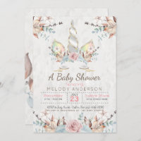 BOHO Woodland Floral Unicorn Baby Shower Soft Grey Invitation