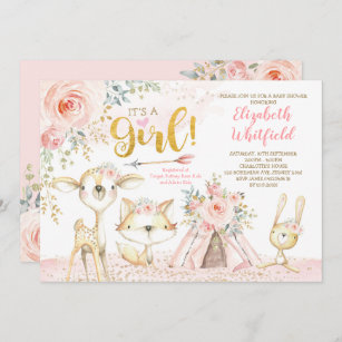 Boho Woodland Forest Pink Gold Floral Baby Shower Invitation