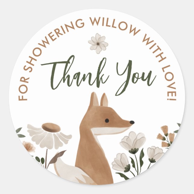 Boho Woodland Fox Baby Shower Round Favor Stickers (Front)