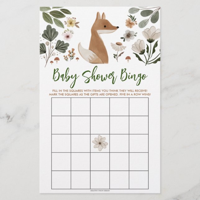 Boho Woodland Fox Bridal Shower Bingo Game  (Front)