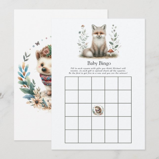 Boho Woodland Fox & Hedgehog Baby Shower Bingo Invitation (Front/Back)