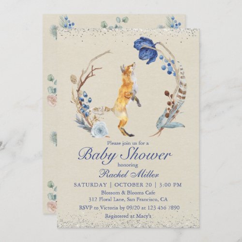 Boho Woodland Fox Watercolor Glitter Baby Shower Invitation