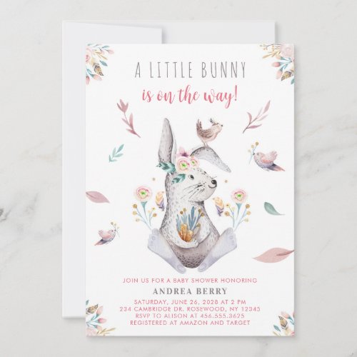 Boho Woodland Little Bunny On The Way Baby Shower Invitation