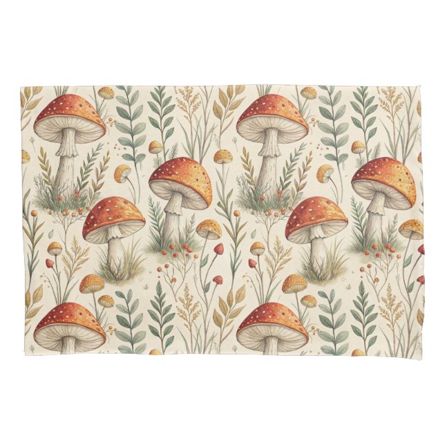 Boho Woodland Mushroom Pattern Pillow Case (Front)