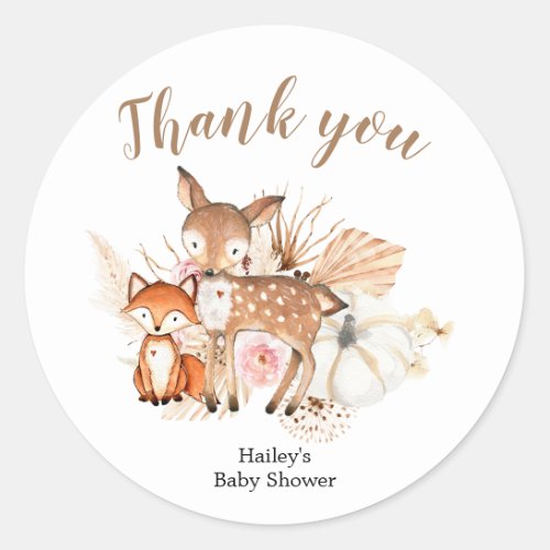 Boho Woodland Pumpkin Baby Shower Thank You Classic Round Sticker