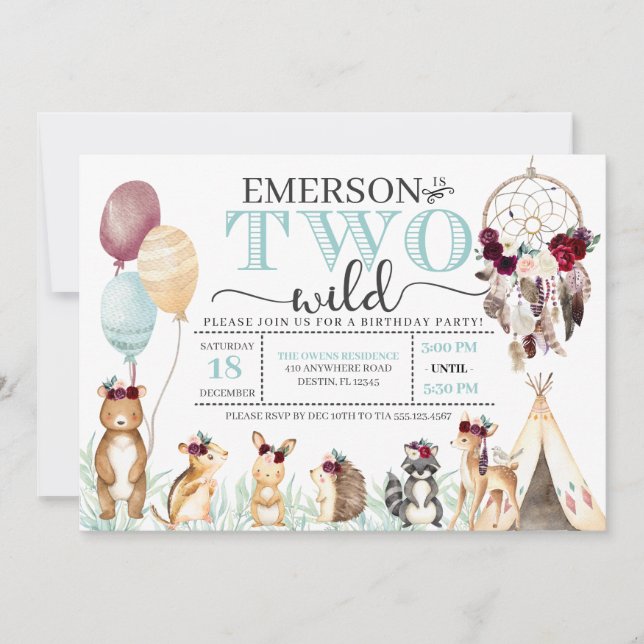 Boho Woodland Two Wild Second Birthday Invitation (Front)