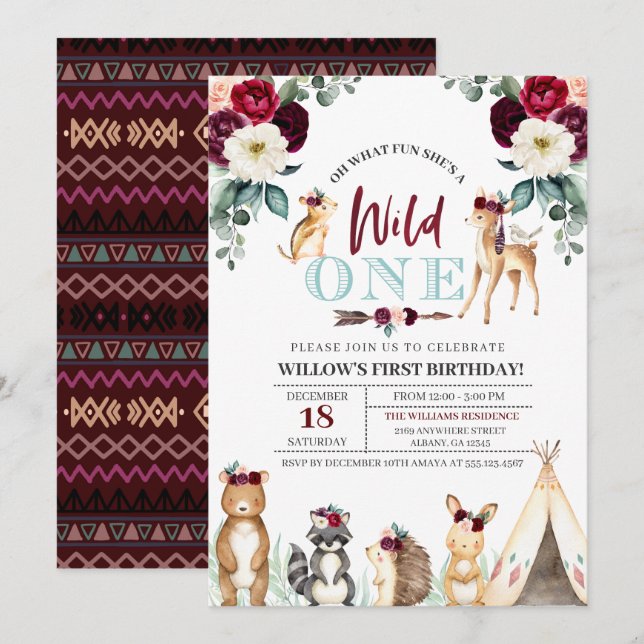 Boho Woodland Wild One First Birthday Invitation (Front/Back)