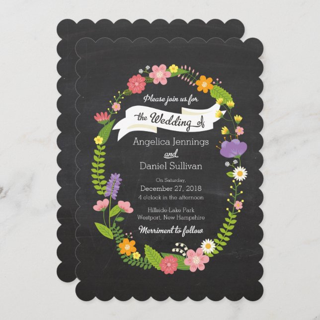 Boho Woodland Wreath on Chalkboard Wedding Invitation (Front/Back)