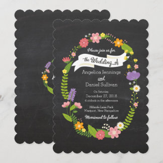 Boho Woodland Wreath on Chalkboard Wedding Invitation