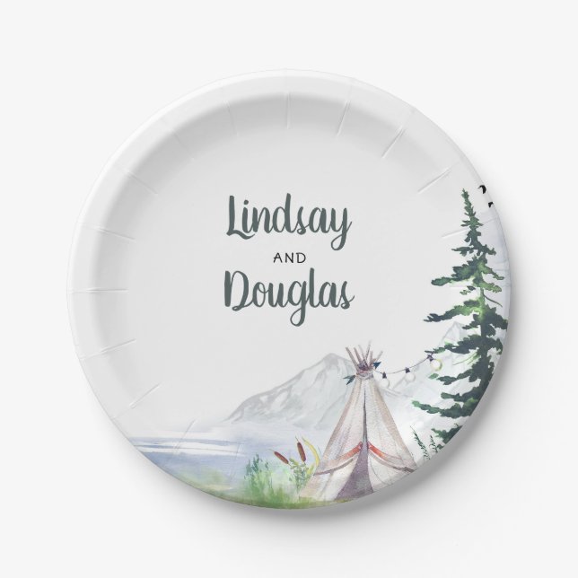 Boho Woodsy Mountains Adventure Wedding Paper Plates (Front)