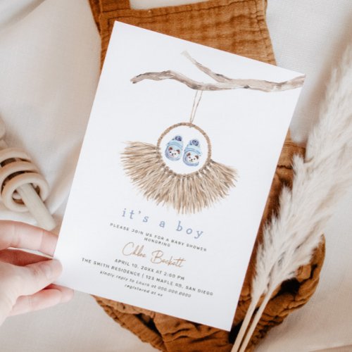 Boho Wreath Baby Boy Blue Tan Baby Shower Invitation