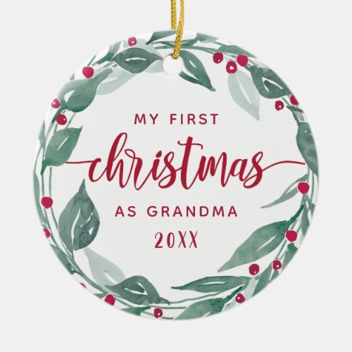 Boho Wreath Grandma First Christmas Photo Ceramic Ornament