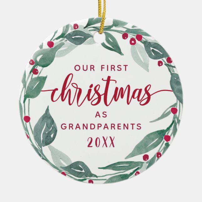 Boho Wreath Grandparents First Christmas Photo Ceramic Ornament (Front)