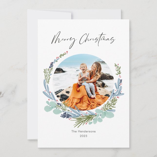Boho Wreath Merry Christmas Modern Design Holiday Card (Front)