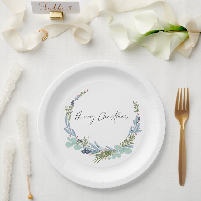 Boho Wreath Merry Christmas Modern Design Paper Plates (Wedding)